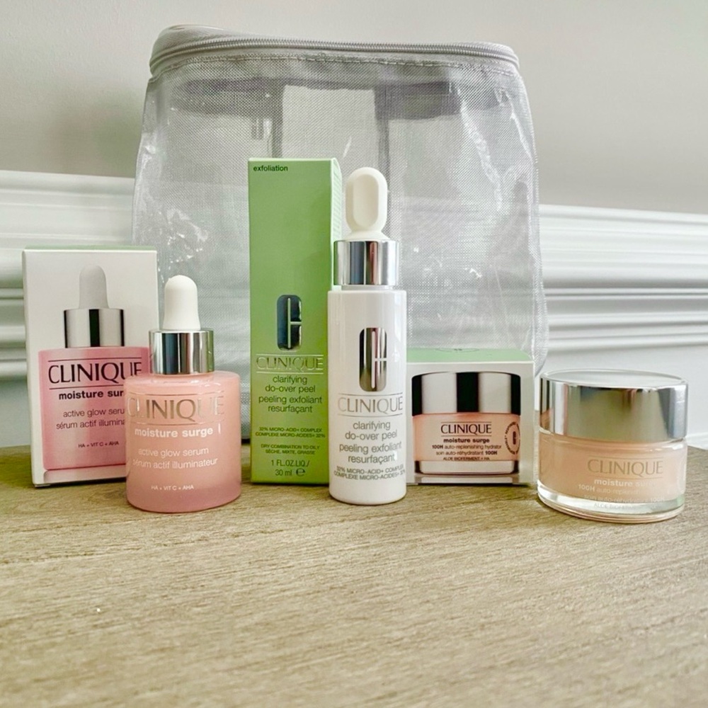 NEW Clinique Moisture Surge Active Glow Serum, Hydrator & Do-Over Peel set w/bag